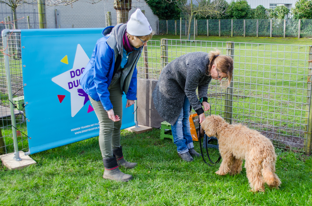 Renate Bartels van Doggy Duo Fun legt een spel uit aan een van de baasjes.